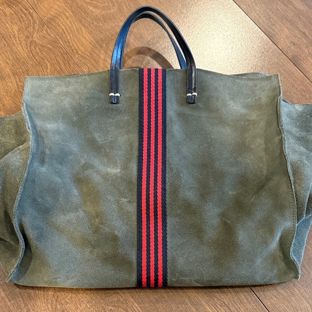 Clare V Green Suede Satchel with Red Stripe